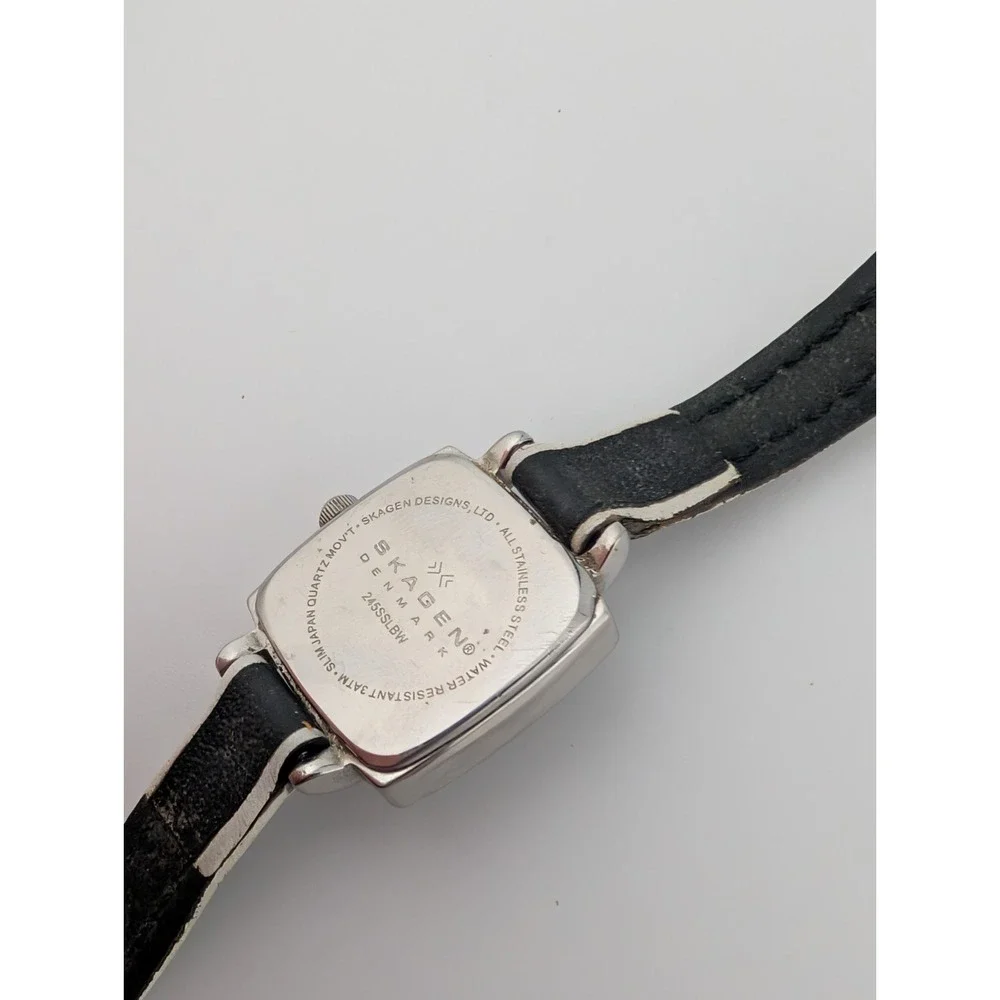 Skagen Steel Watch Women 17mm‎ Case Petite Black Leather Band- New Battery